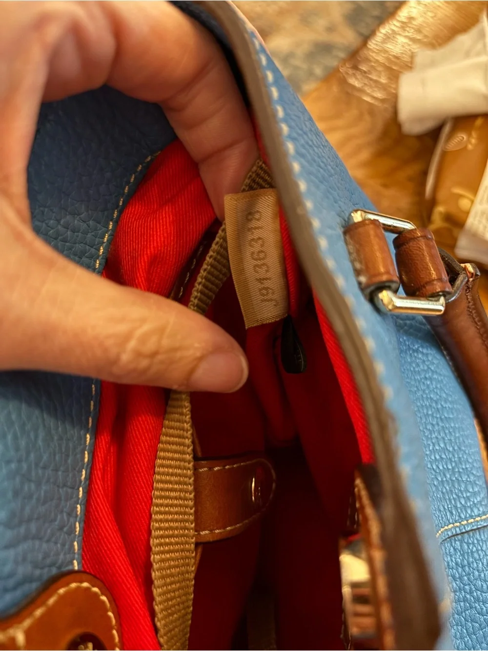 Dooney & Bourke Pebble Leather Satchel -Blue with  Brown Handles